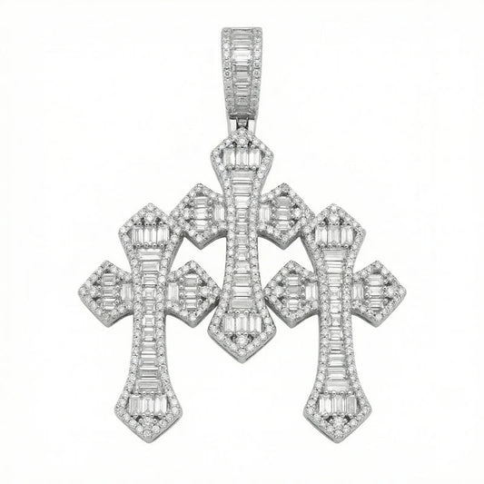 VVS Moissanite Baguette Cut Triple Cross Pendant
